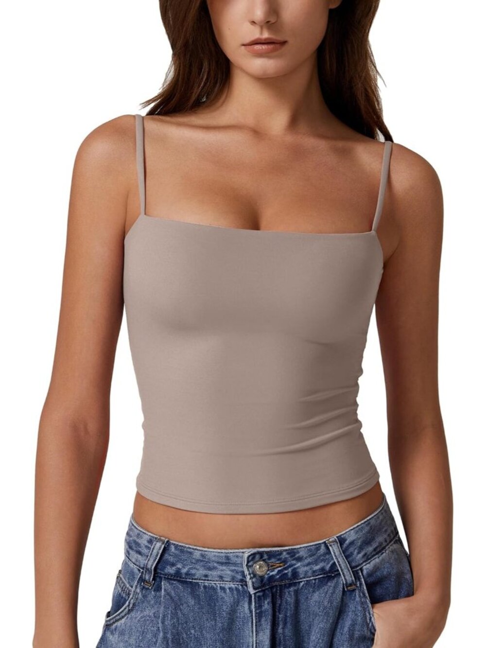 Women's Taupe Gray Y2K Double Lined Fitted Camisole Spaghetti Strap Top